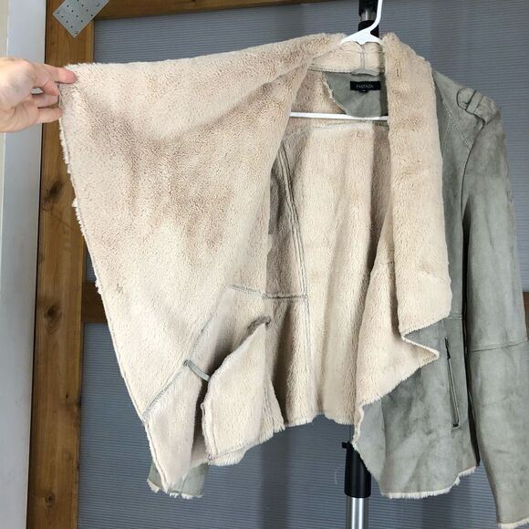 Fantazia Taupe Faux Suede & Cream Faux Fur‎ Lined Cardigan Open Jacket Sz M - Picture 4 of 10